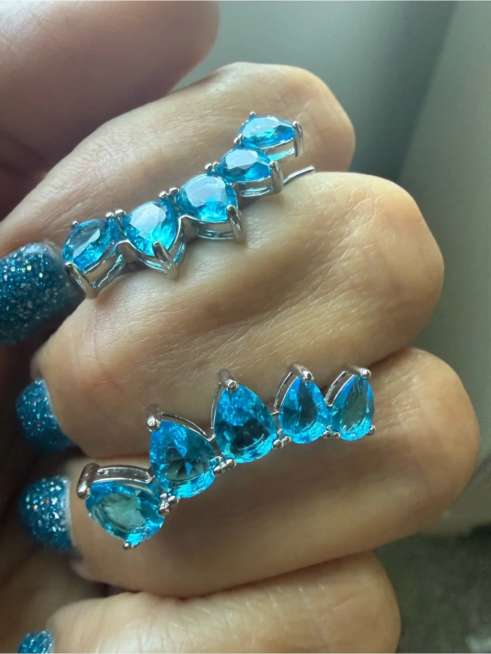 NEW!! 14k White Gold Plated Blue Teardrop Crystal Ear Climbers/Crawlers